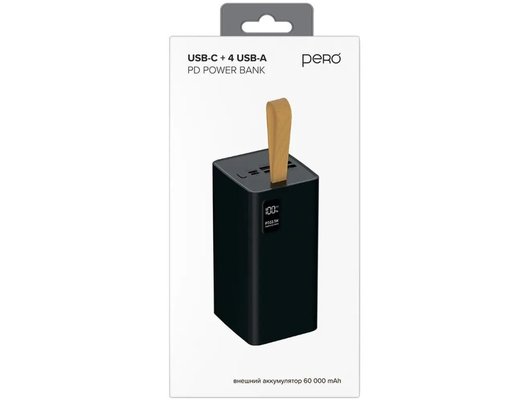 Внешний аккумулятор PERO PB10 60000 mAh, Li-Pol, output USB-C + 4 USB-A, черный